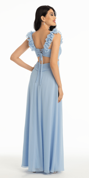 Chiffon Ruffle Shoulder Lace Up Back Column Dress Image 4