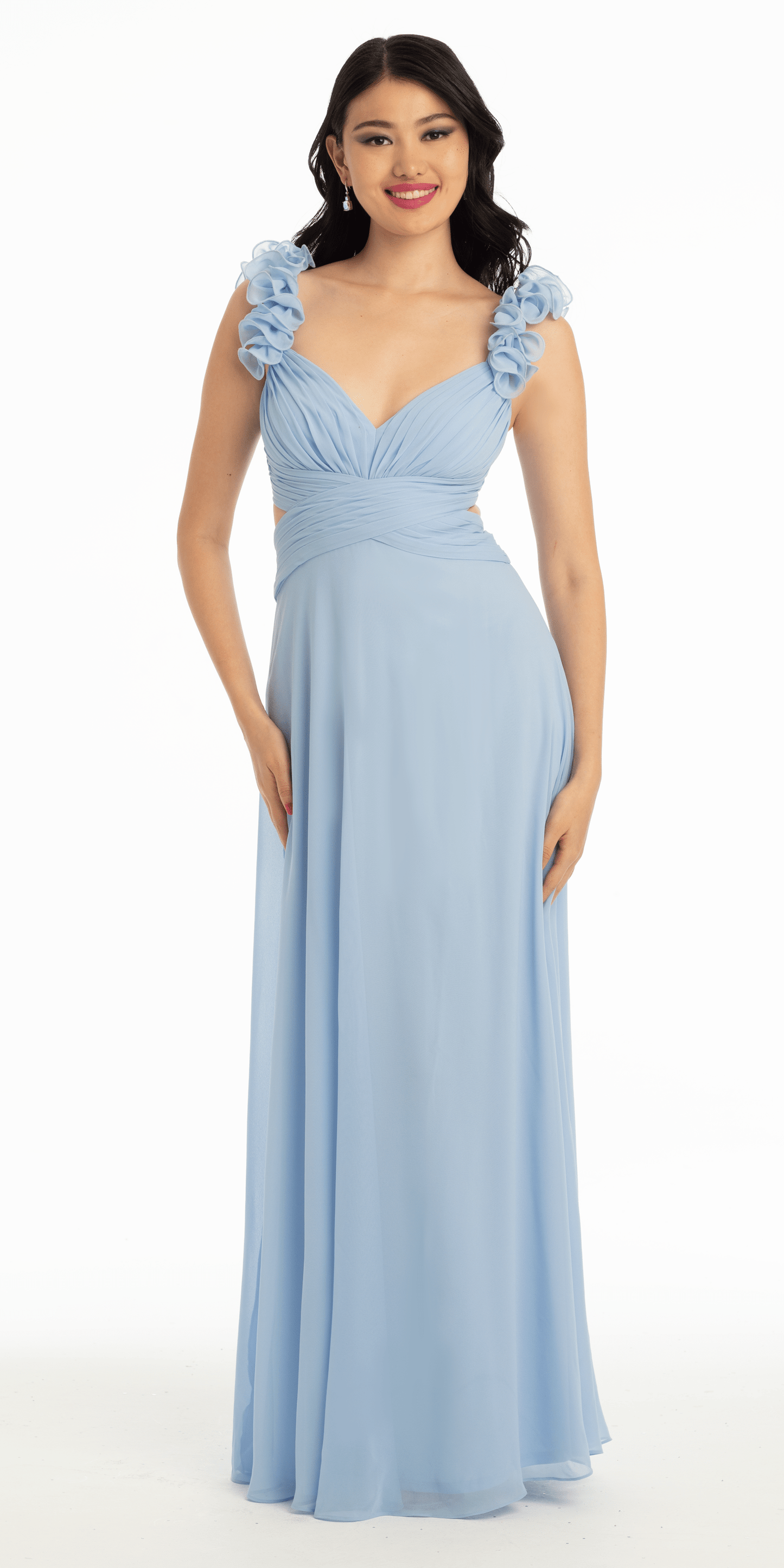 Camille La Vie Chiffon Ruffle Shoulder Lace Up Back Column Dress missy / 0 / light-blue