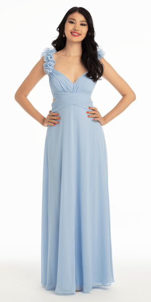 Chiffon Ruffle Shoulder Lace Up Back Column Dress Image 3