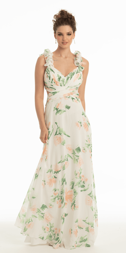 Chiffon Floral Print Ruffle Lace Up Back Dress Camille La Vie Chiffon Floral Print Ruffle Lace Up Back Dress Camille La Vie