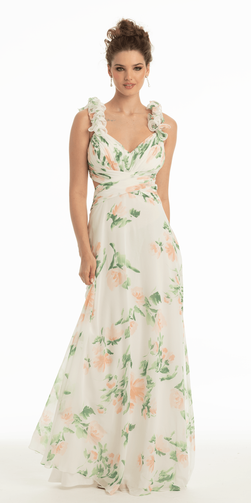 Chiffon Floral Print Ruffle Lace Up Back Dress Image 1