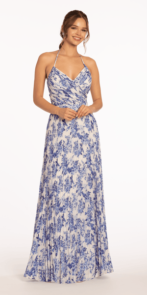 Chiffon Pleated Print Lace Up Back A Line Dress Image 1