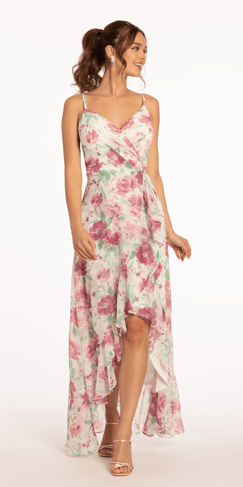 Criss Cross Floral Chiffon High Low Dress Image 3
