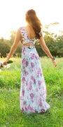 mulberry/size/4/missy/Camille La Vie/Floral Print Chiffon Lace Up Back Column Dress with Ruching /lifestyle 2