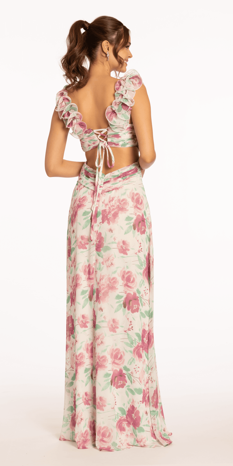 Floral Print Chiffon Lace Up Back Column Dress with Ruching Image 5