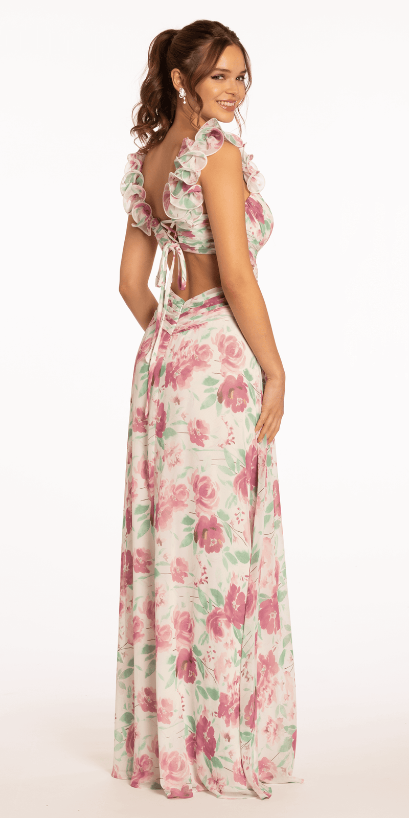 Floral Print Chiffon Lace Up Back Column Dress with Ruching Image 6