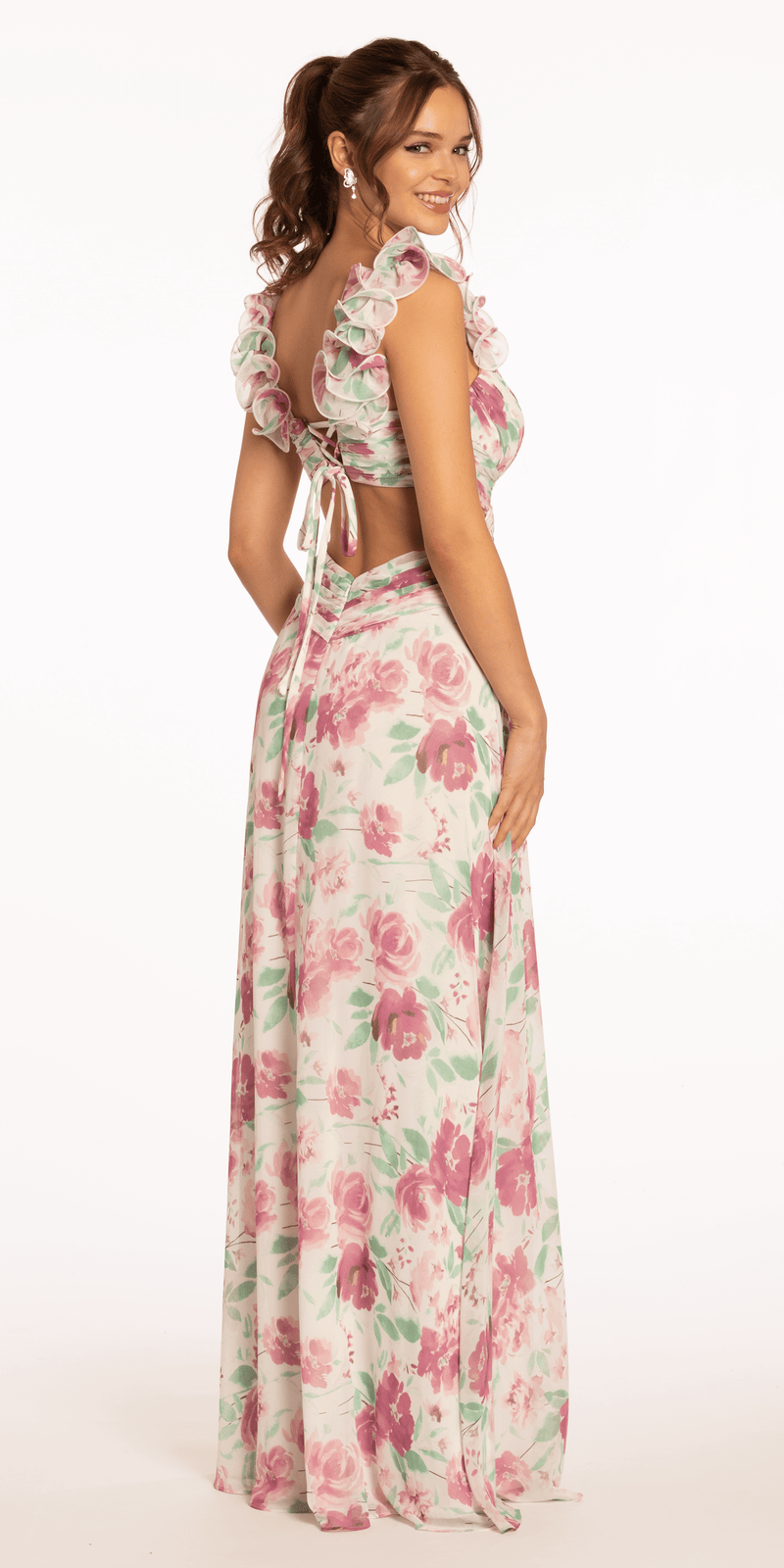 Floral Print Chiffon Lace Up Back Column Dress with Ruching missy / 4 / mulberry Floral Print Chiffon Lace Up Back Column Dress with Ruching missy / 4 / mulberry