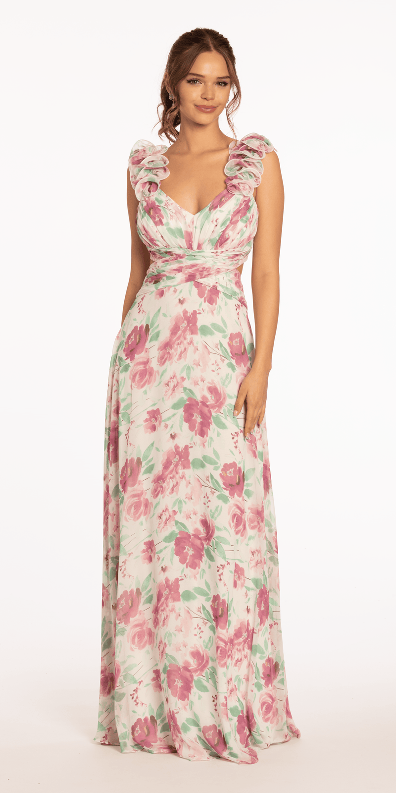 Floral Print Chiffon Lace Up Back Column Dress with Ruching Image 3