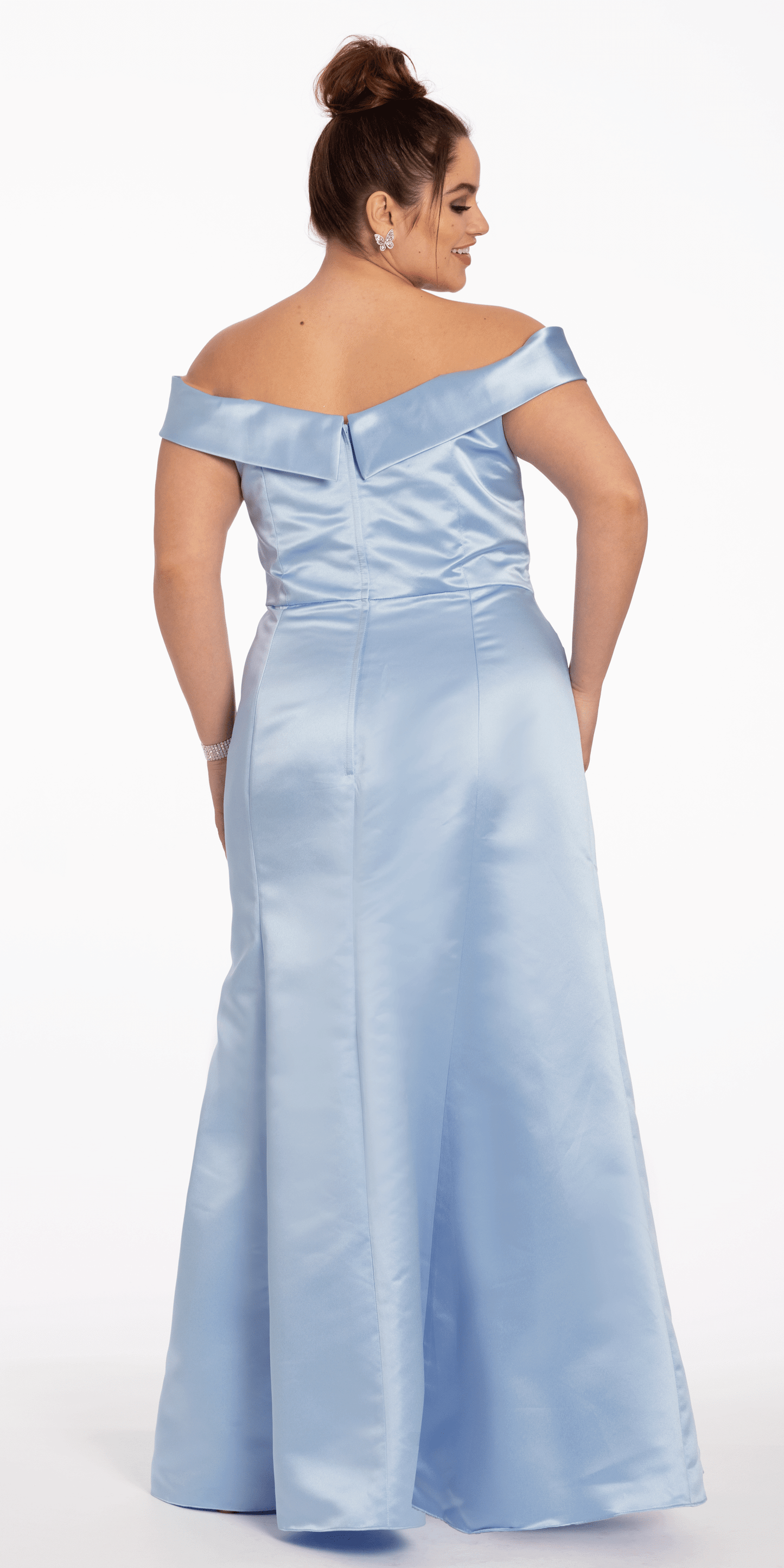 Camille La Vie Satin Side Gather Off the Shoulder Dress