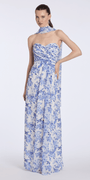 Camille La Vie Floral Print Strapless Chiffon Pleated Column Dress with Scarf