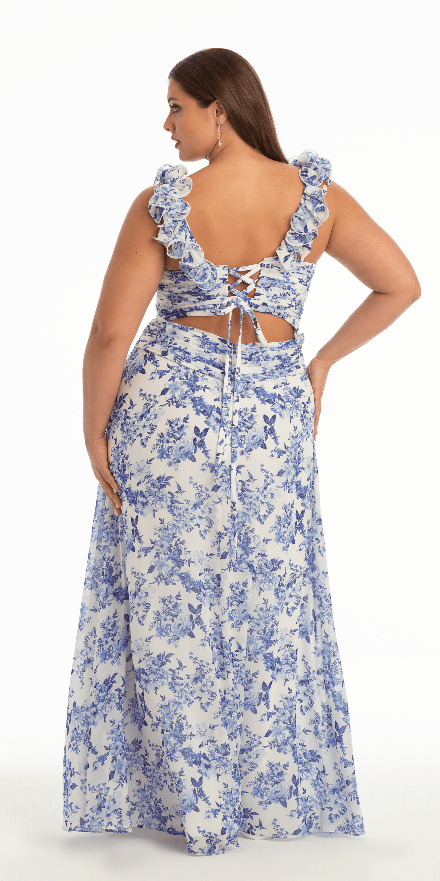 Camille La Vie /Floral Print Chiffon Column Dress with Ruffle Shoulders /plus /size /14 /white blue/back