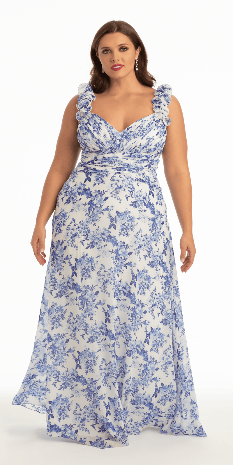 Floral Print Chiffon Column Dress with Ruffle Shoulders Camille La Vie Floral Print Chiffon Column Dress with Ruffle Shoulders Camille La Vie