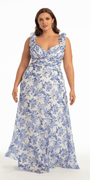 Floral Print Chiffon Column Dress with Ruffle Shoulders Image 1