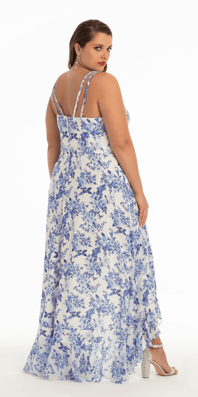 Ruffle High-Low Chiffon Floral Print Dress petite / 4 / white-blue Ruffle High-Low Chiffon Floral Print Dress petite / 4 / white-blue