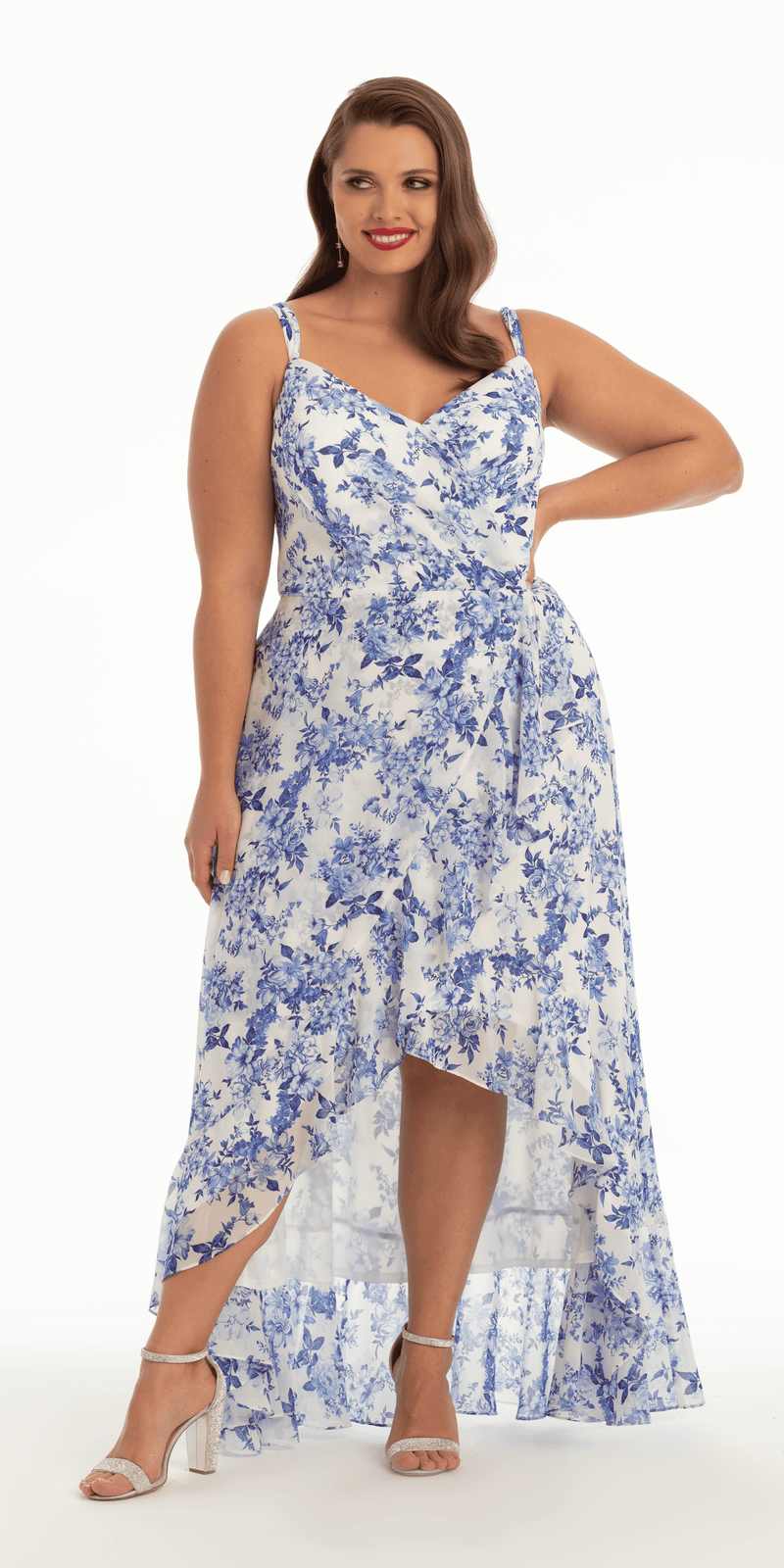 Ruffle High-Low Chiffon Floral Print Dress petite / 4 / white-blue Ruffle High-Low Chiffon Floral Print Dress petite / 4 / white-blue