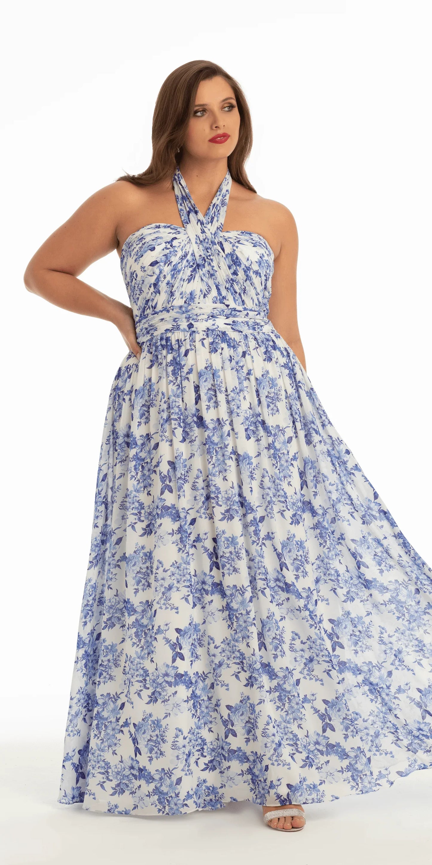 Floral Chiffon A Line Halter Dress petite / 6 / white-blue