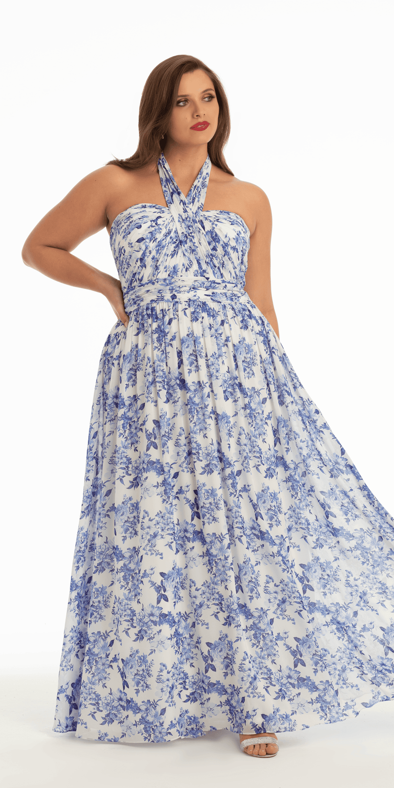 Floral Chiffon A Line Halter Dress petite / 6 / white-blue Floral Chiffon A Line Halter Dress petite / 6 / white-blue