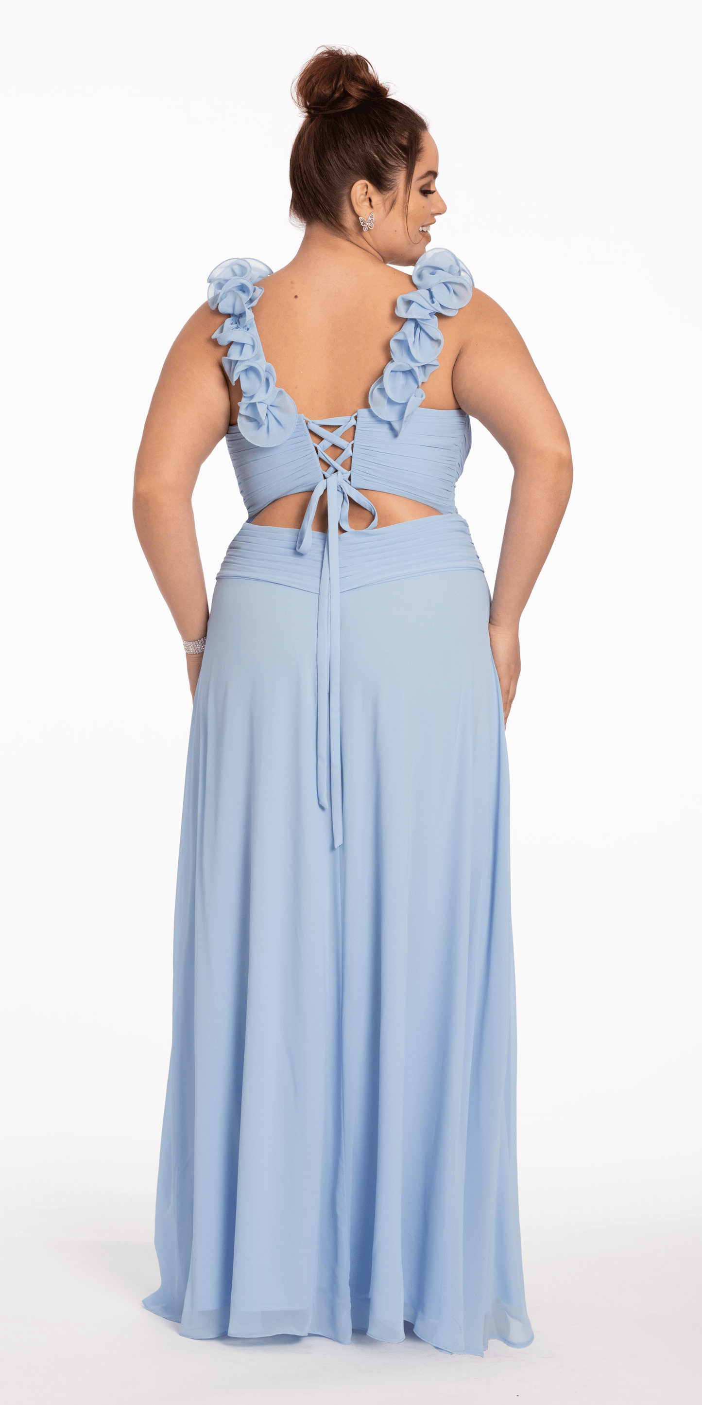 Camille La Vie Chiffon Ruffle Shoulder Lace Up Back Column Dress