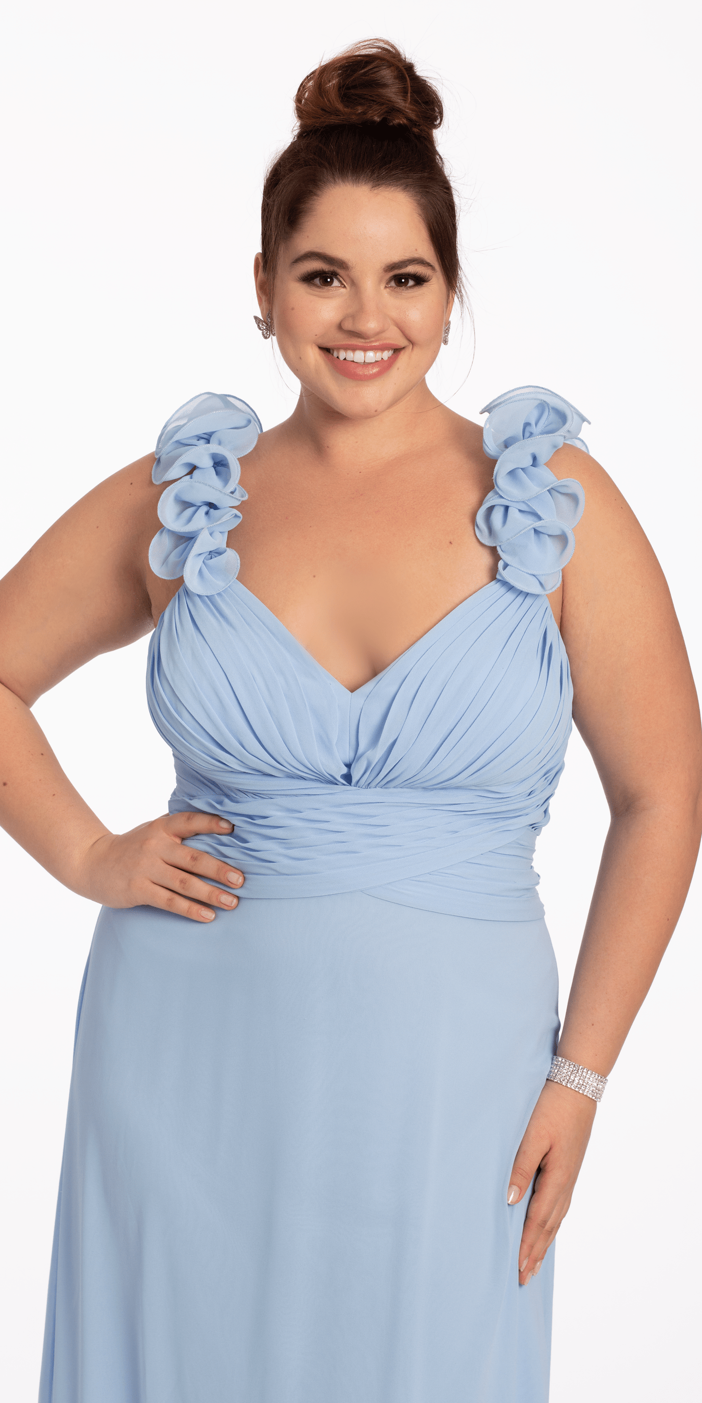 Camille La Vie Chiffon Ruffle Shoulder Lace Up Back Column Dress plus / 14 / light-blue