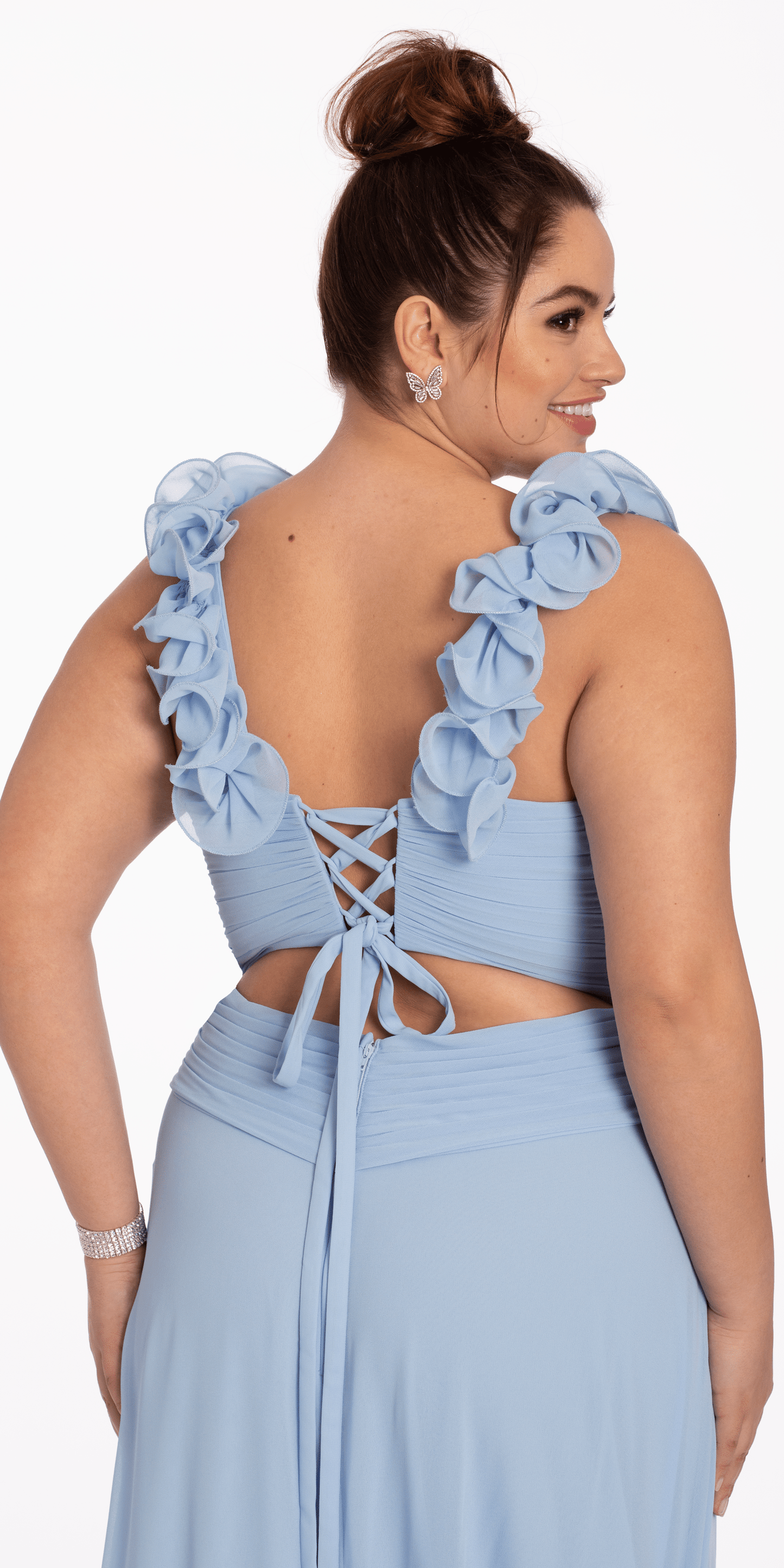 Camille La Vie Chiffon Ruffle Shoulder Lace Up Back Column Dress