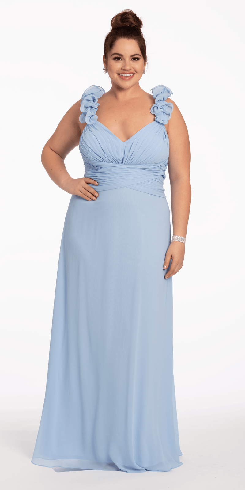 Chiffon Ruffle Shoulder Lace Up Back Column Dress Image 6