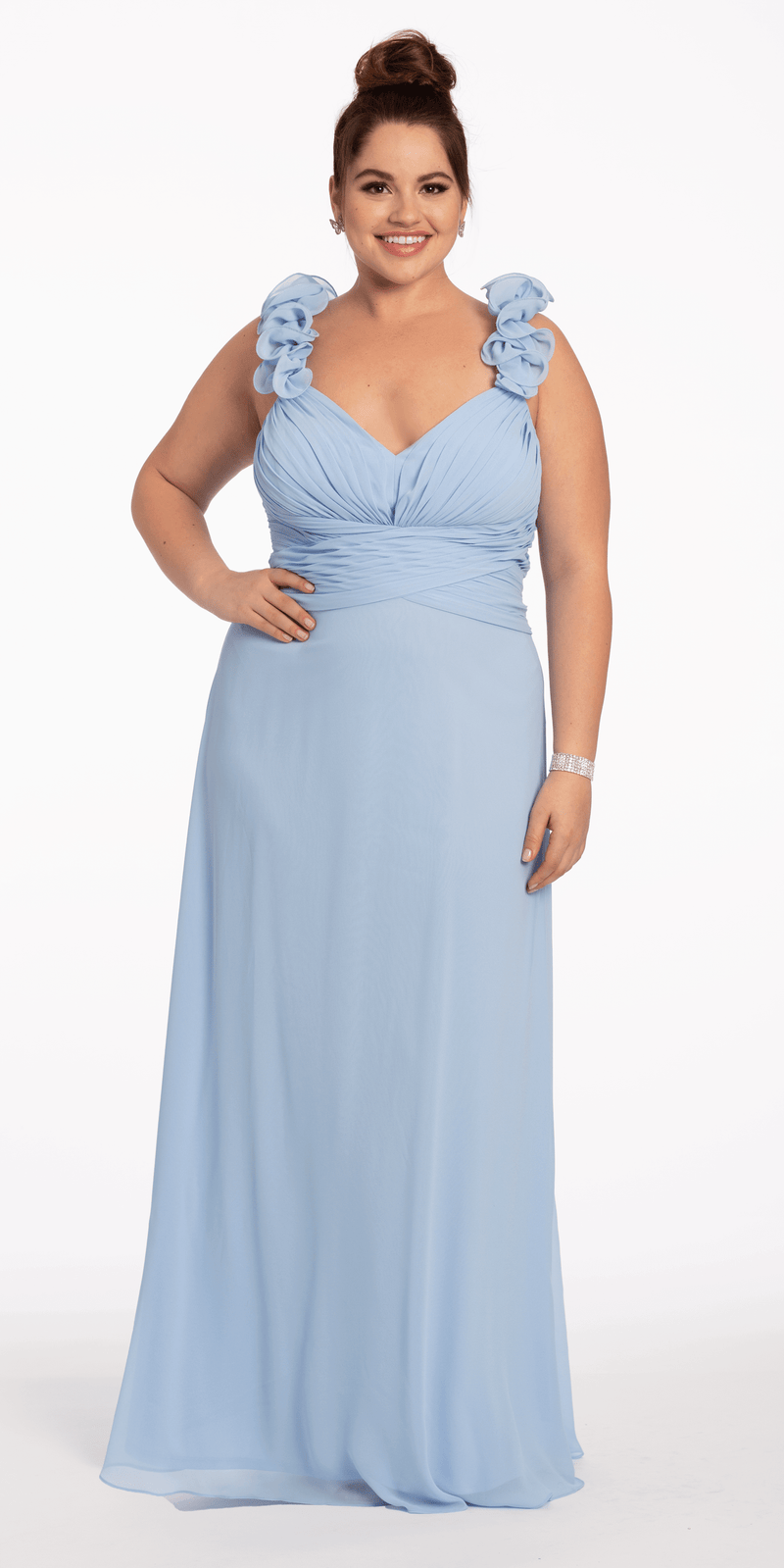Chiffon Ruffle Shoulder Lace Up Back Column Dress petite / 2 / light-blue Chiffon Ruffle Shoulder Lace Up Back Column Dress petite / 2 / light-blue