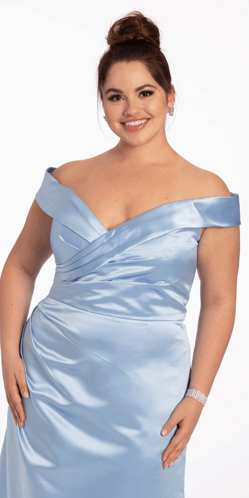 camille off shoulder satin dress Satin Side Gather Off the Shoulder Dress petite / 0 / light-blue