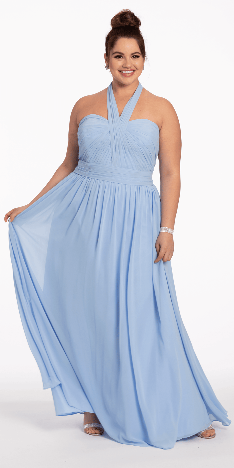 【送料&関税込】C.P. Company Light Blue Halter Long Dress Sansa Powder Blue Satin Cross Halter-Neck Plisse Maxi Dress