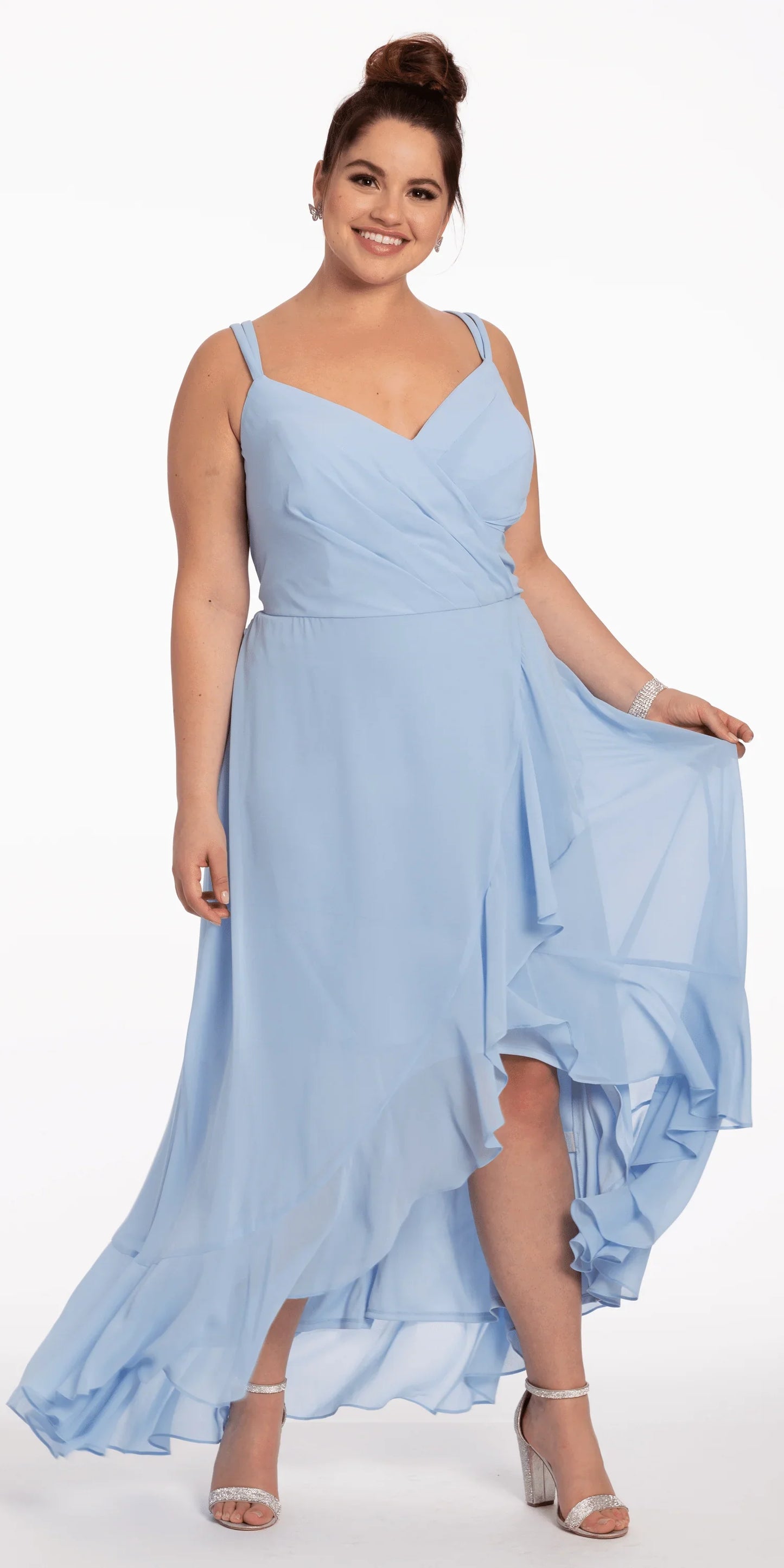 Tiered Chiffon Double Strap High Low Dress petite / 6 / light-blue