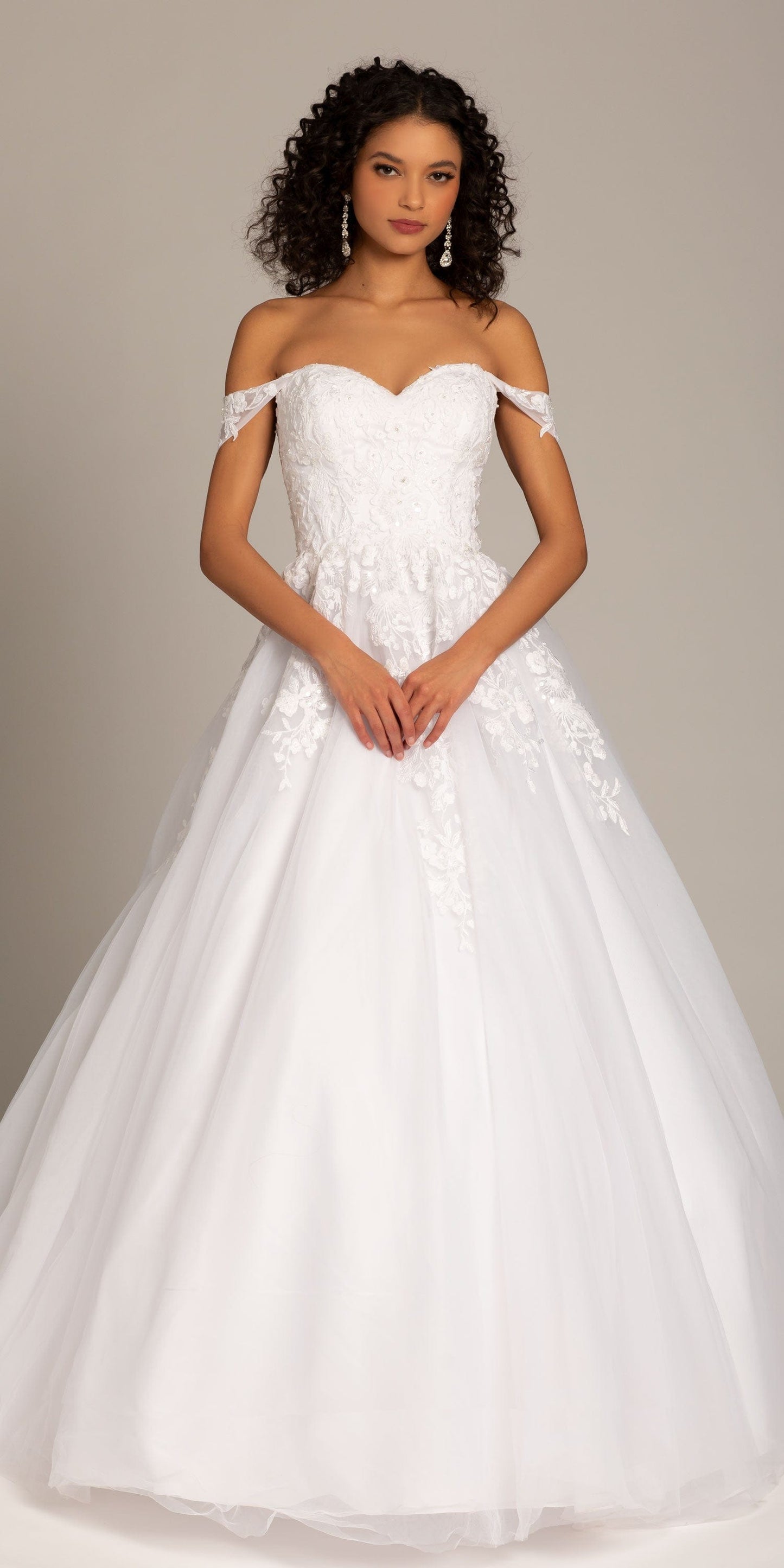 Camille La Vie Embroidered Off the Shoulder Tulle Ballgown with Floral Detail