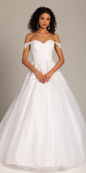 Embroidered Off the Shoulder Tulle Ballgown with Floral Detail Image 5