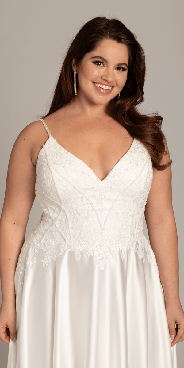 Satin Plunging A Line Dress with Leaf Beading Detail Image 2