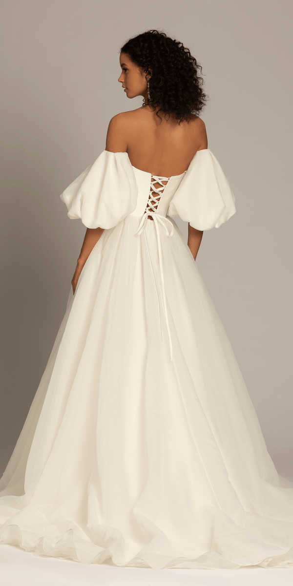 tiered organza t-back ball gown wedding dress Crossed Back Straps Ball Gown Layered Organza Wedding Dress AWD1601