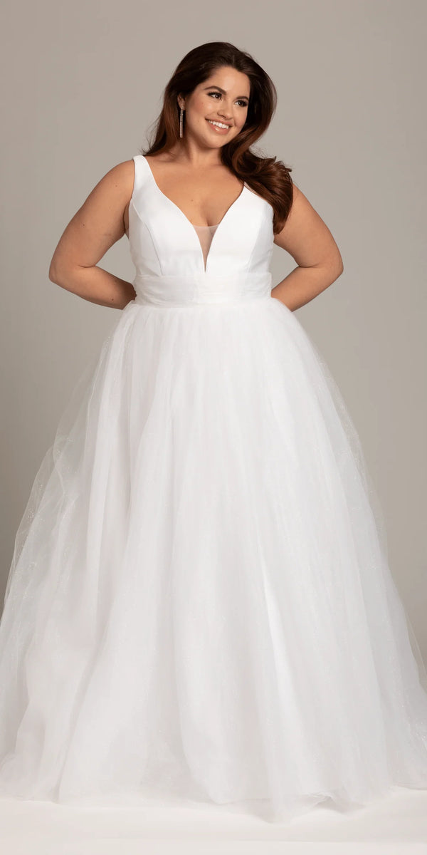 white/size/14/plus/ Camille La Vie/Plunging Mikado Glitter Ballgown with Bow Back /front alt