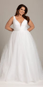 white/size/14/plus/ Camille La Vie/Plunging Mikado Glitter Ballgown with Bow Back /front alt