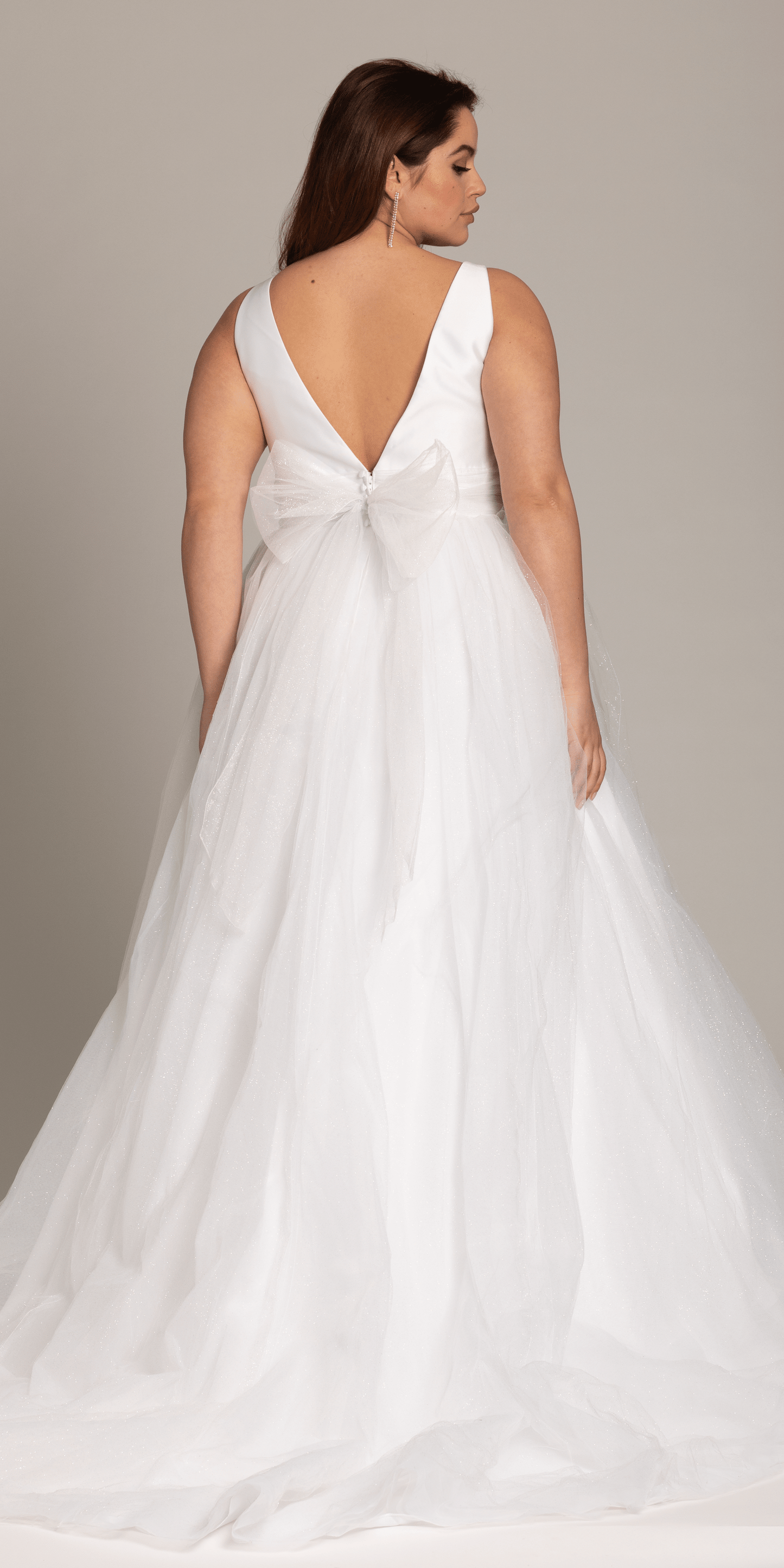 Camille La Vie Plunging Mikado Glitter Ballgown with Bow Back