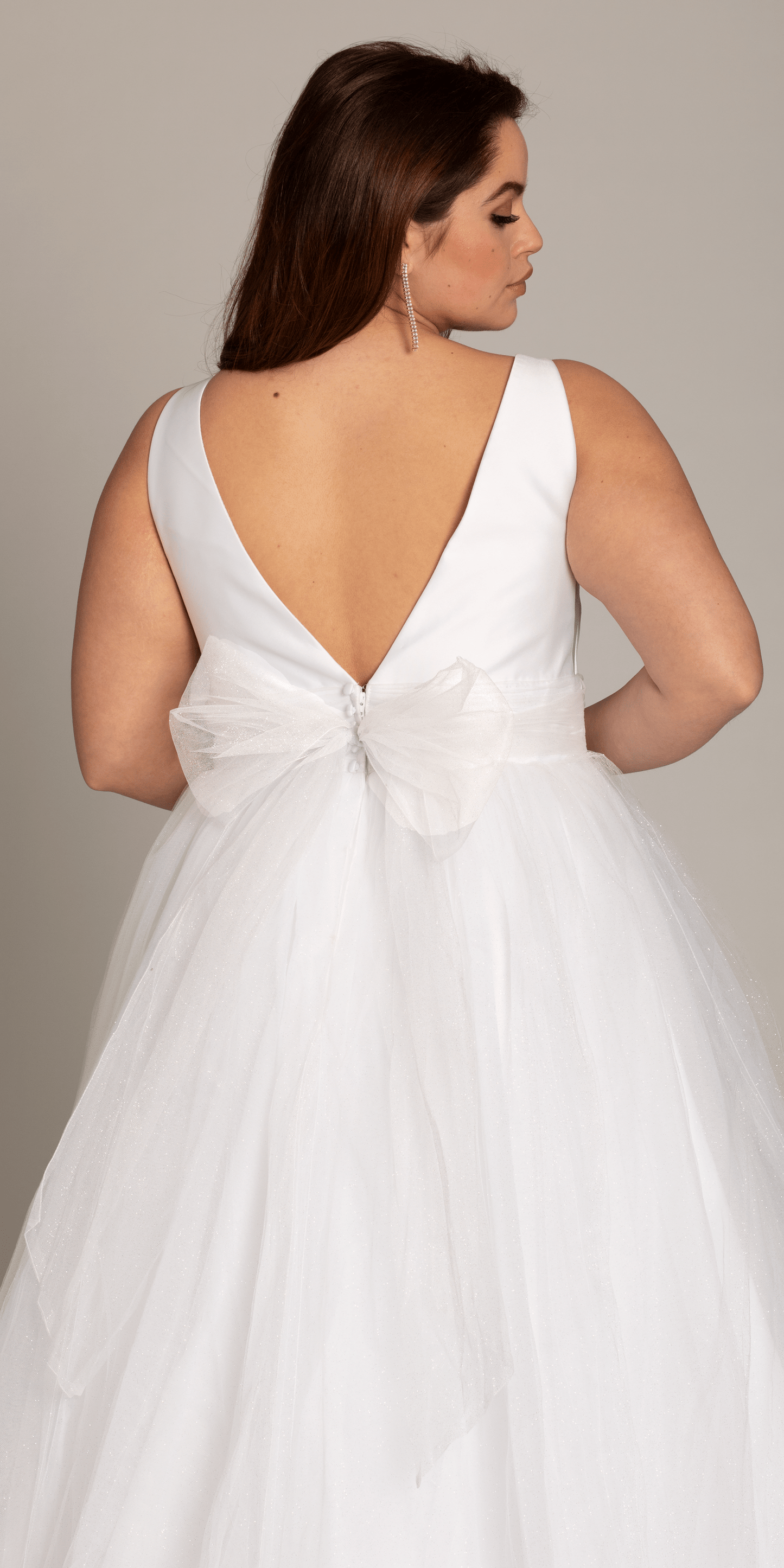 Camille La Vie Plunging Mikado Glitter Ballgown with Bow Back