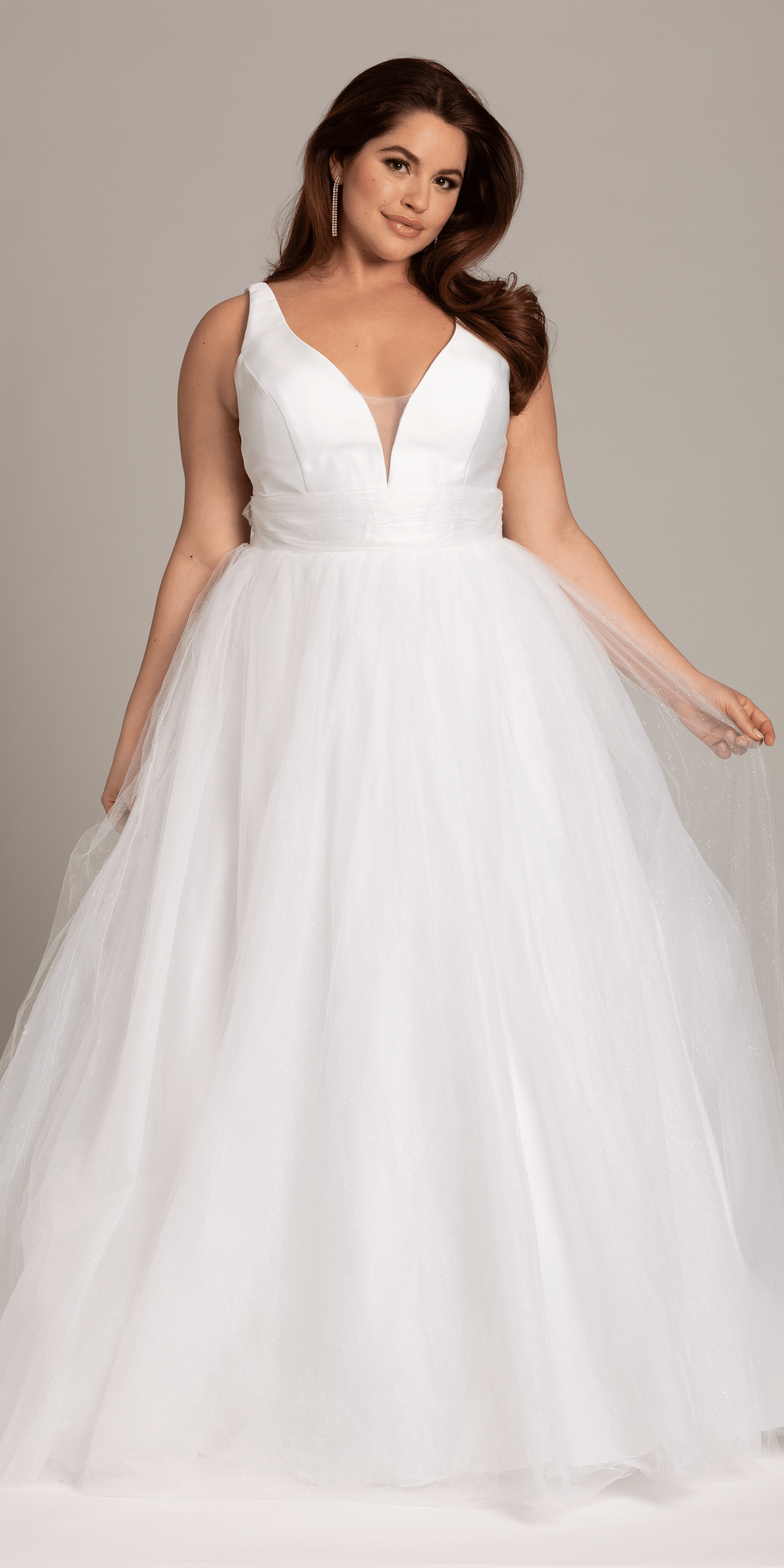 Camille La Vie Plunging Mikado Glitter Ballgown with Bow Back