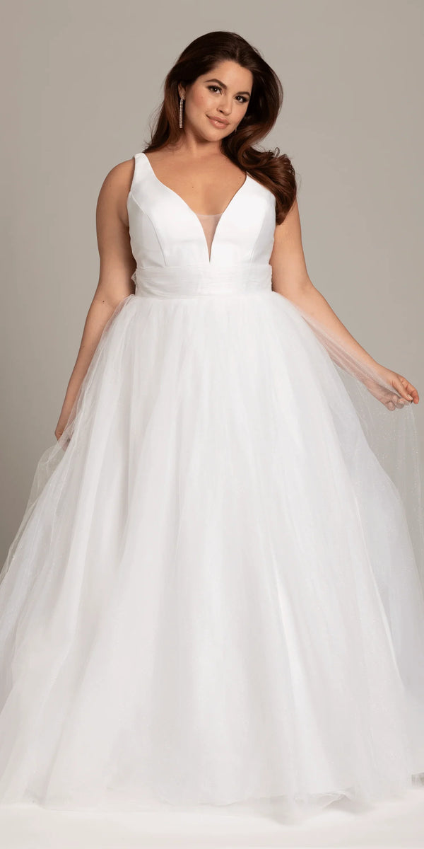 white/size/14/plus/ Camille La Vie/Plunging Mikado Glitter Ballgown with Bow Back /front