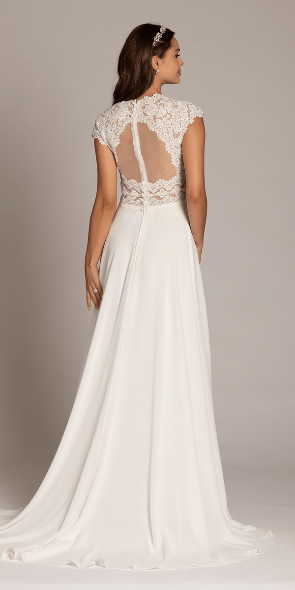 Cap Sleeve Crocheted Illusion Back Chiffon A Line Dress Image 4