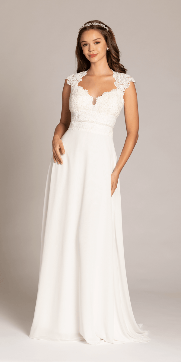 Cap Sleeve Crocheted Illusion Back Chiffon A Line Dress Camille La Vie Cap Sleeve Crocheted Illusion Back Chiffon A Line Dress Camille La Vie
