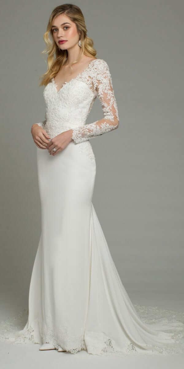 Long Sleeve Applique Crepe Button Back Lace Dress - missy / 4 / ivory Long Sleeve Applique Crepe Button Back Lace Dress - missy / 4 / ivory