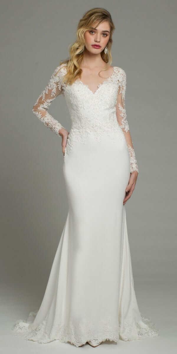 Long Sleeve Applique Crepe Button Back Lace Dress missy / 4 / ivory
