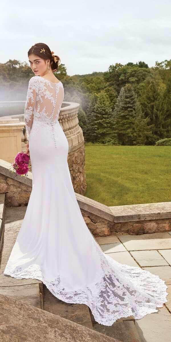 Long Sleeve Applique Crepe Button Back Lace Dress missy / 4 / ivory