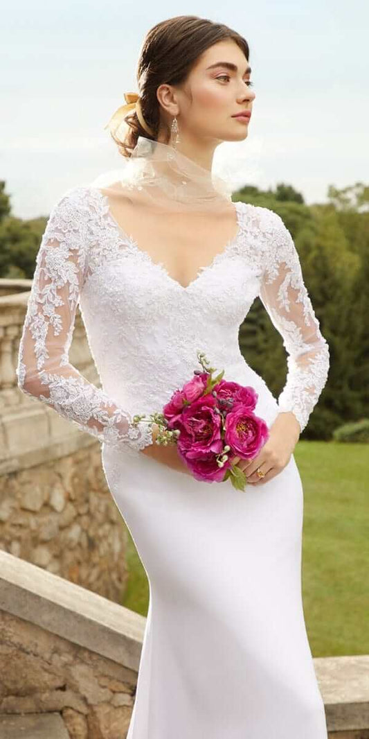 white lace long sleeve dress Long Sleeve Applique Crepe Button Back Lace Dress