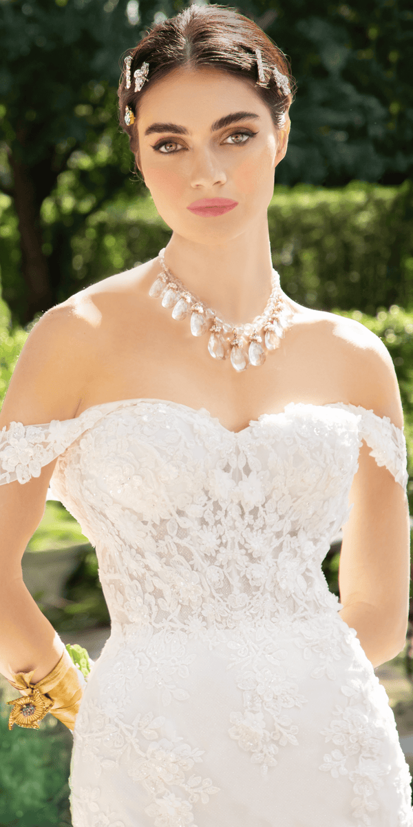 Floral Applique Off The Shoulder Glitter Tulle Mermaid Dress Missy / 6 / Ivory