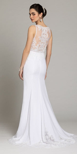 Beaded Lace Illusion V Neck Crepe Trumpet Dress Image 4