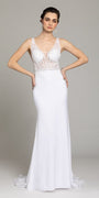Beaded Lace Illusion V Neck Crepe Trumpet Dress Image 2