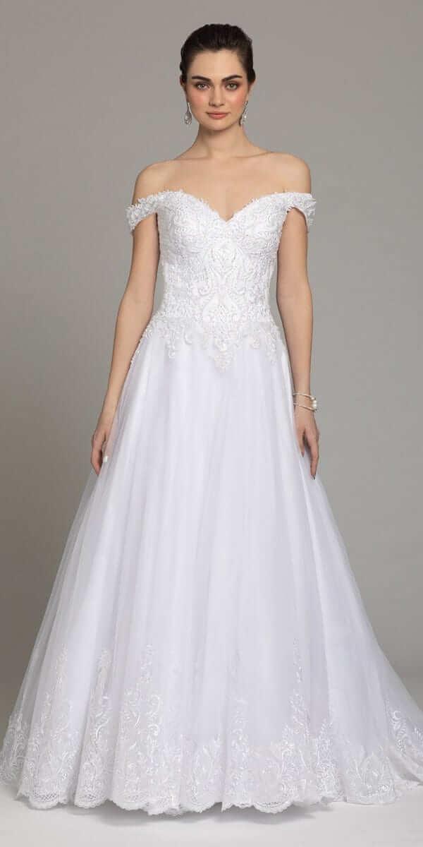 white/size/4/missy/Camille La Vie/Off the Shoulder Lace Satin A-Line Gown/front 1