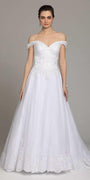 white/size/4/missy/Camille La Vie/Off the Shoulder Lace Satin A-Line Gown/front 1